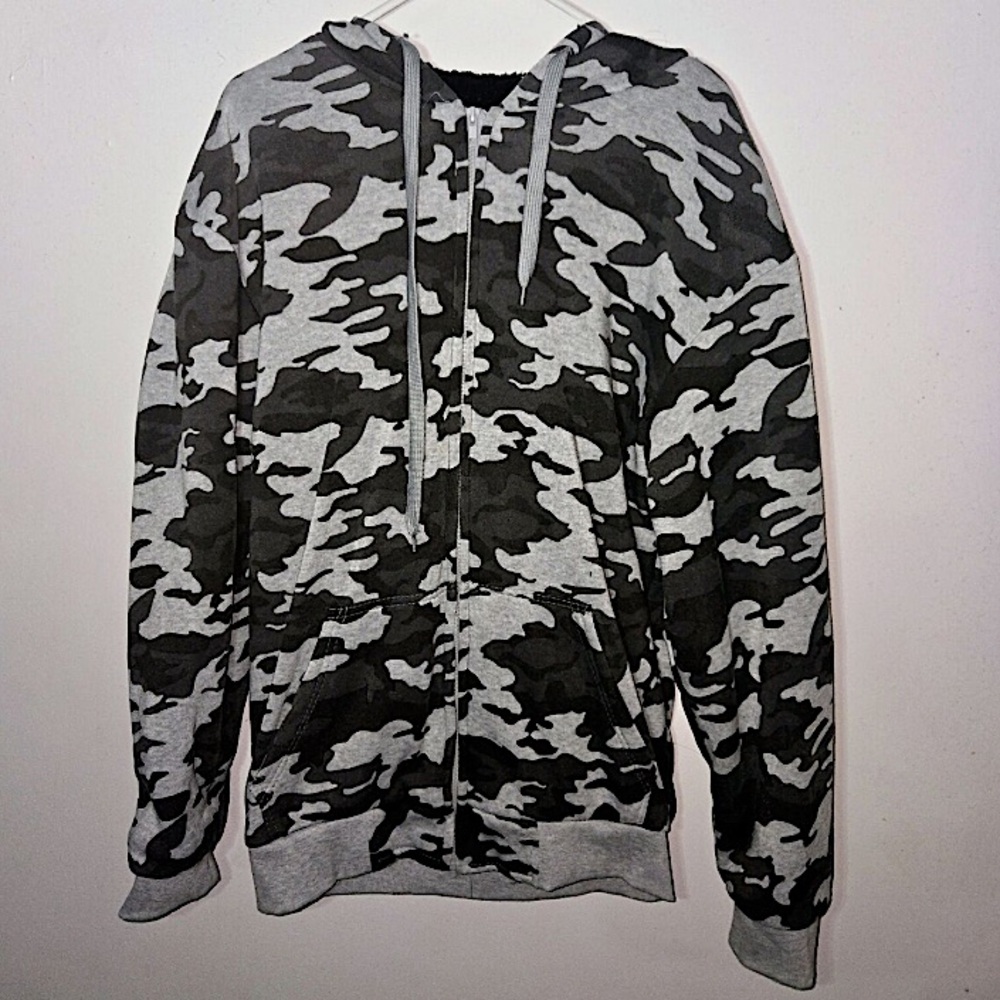 BIG BALL SPORTS Hoodie Jacket Camo Sherpa Fleece Full Zip Gray Black Size XXL